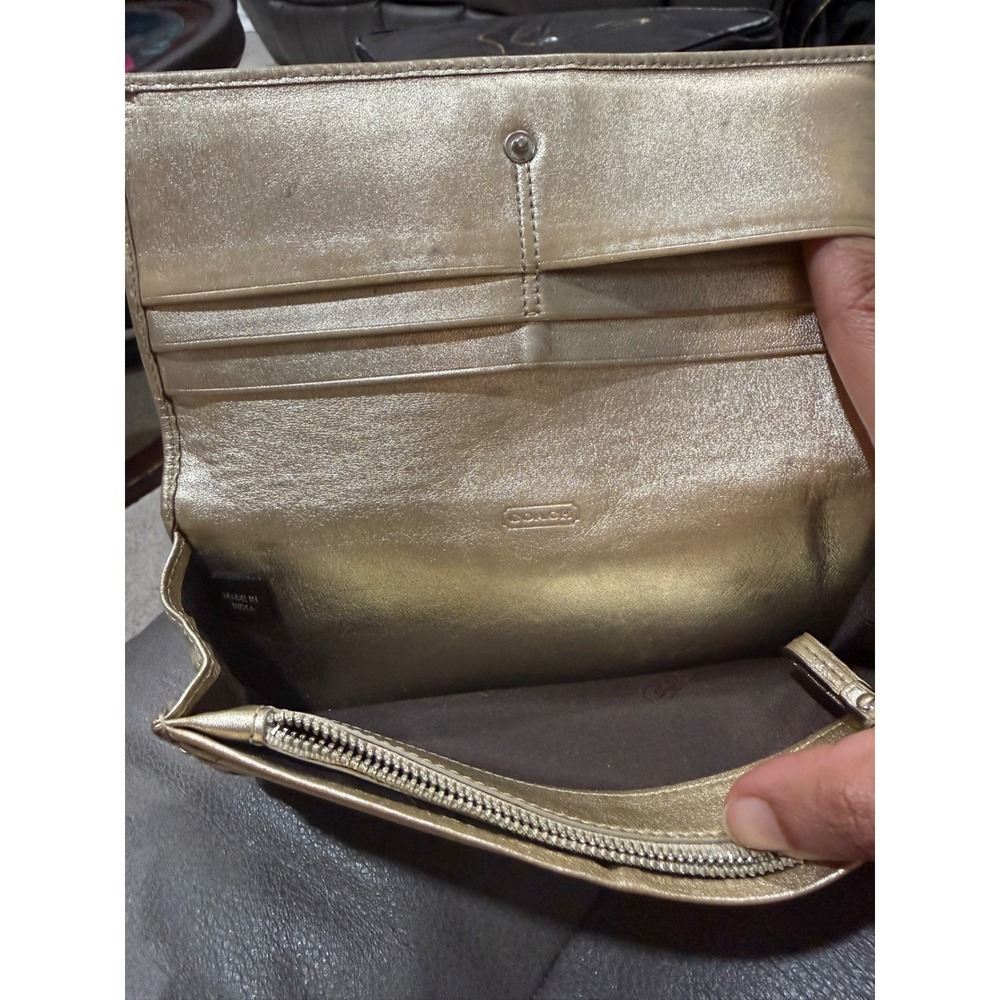 Coach Signature C Monogram Canvas Long Tri-Fold Wallet Metallic Gold Leather - Picture 5 of 13
